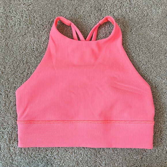 LULULEMON Pink Orange Sunset Energy Bra High Neck Long Line Rib 6 - Picture 3 of 7